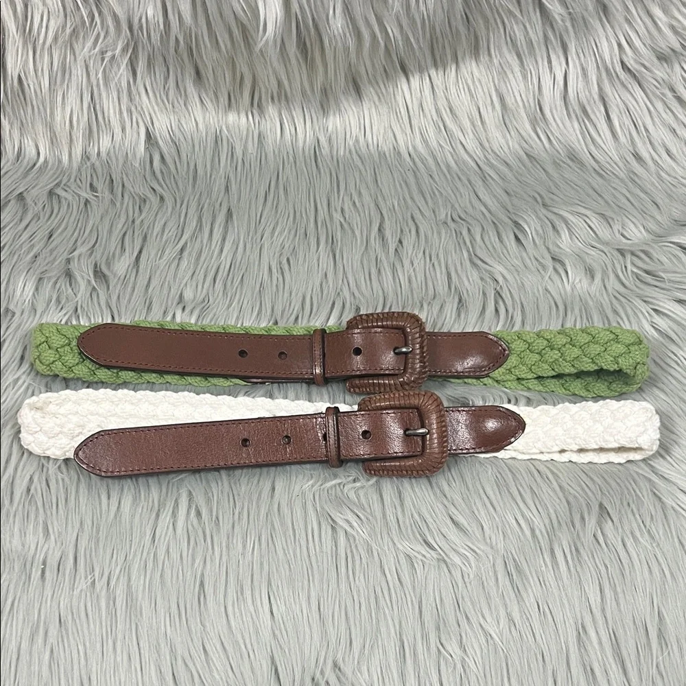 Boho Braided Green and White Brown Genuine Leather Buckle Belts Bundle of 2